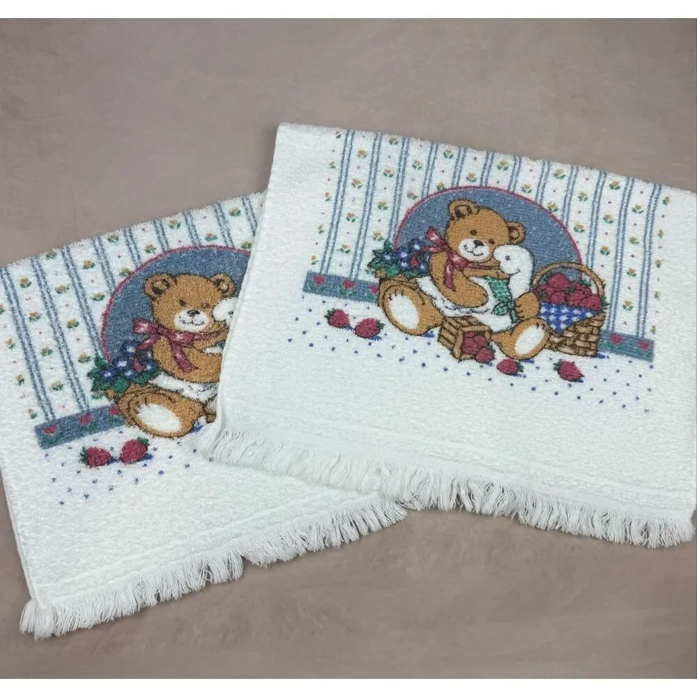 Vintage Bear Goose Hand Towels Set of 2 Cottagecore Hearts